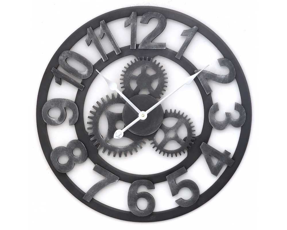 Drewniany zegar ścienny VINTAGE Shabby Loft Koła zębate 45 cm srebrny - dekoracyjny zegar wiszący - wyposażenie wnętrz 