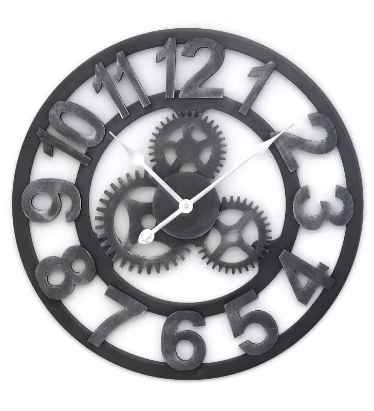 Drewniany zegar ścienny VINTAGE Shabby Loft Koła zębate 45 cm srebrny - dekoracyjny zegar wiszący - wyposażenie wnętrz 
