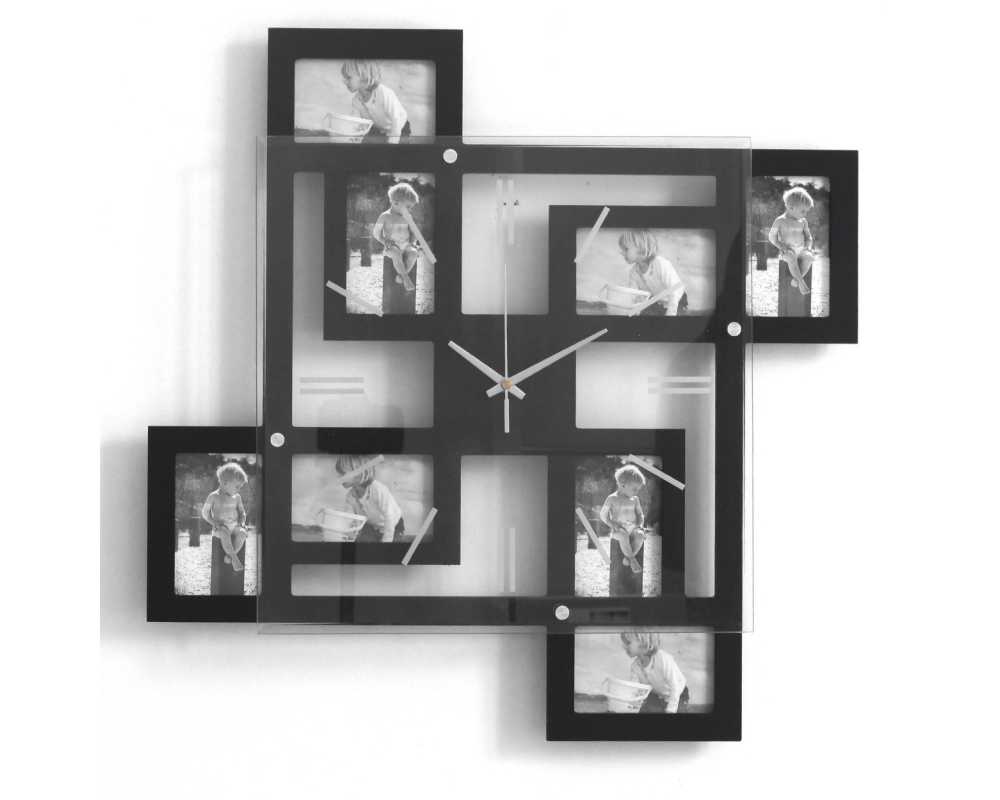 Zegar z ramkami na zdjęcia - Nowoczesny zegar ścienny ramki  na zdjęcia czarny 8 zdjęć