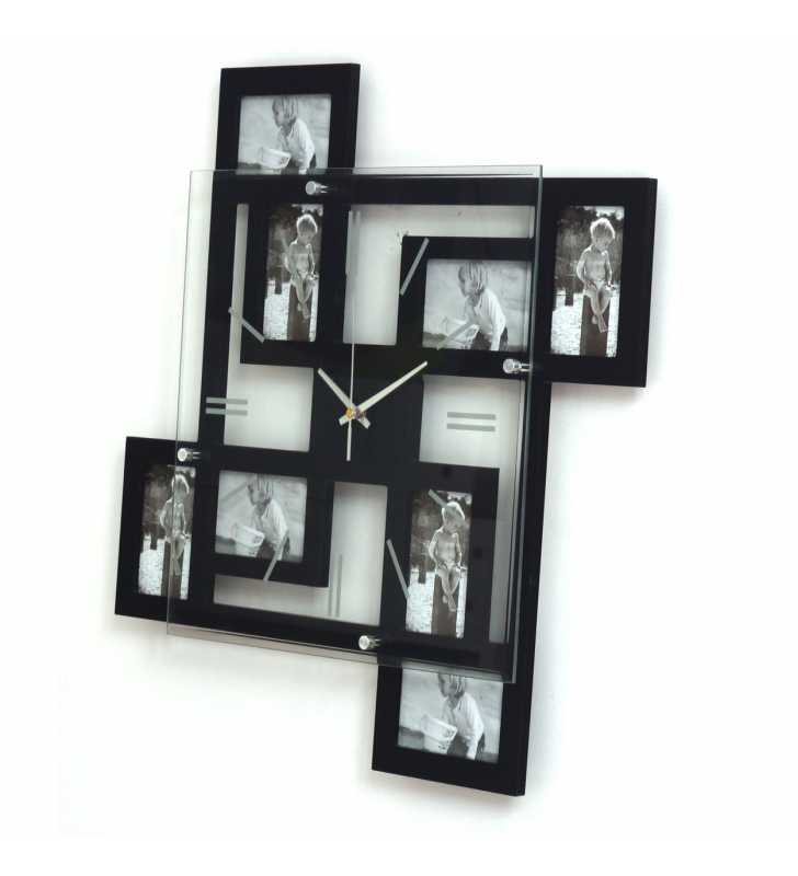 Zegar z ramkami na zdjęcia - Nowoczesny zegar ścienny ramki  na zdjęcia czarny 8 zdjęć
