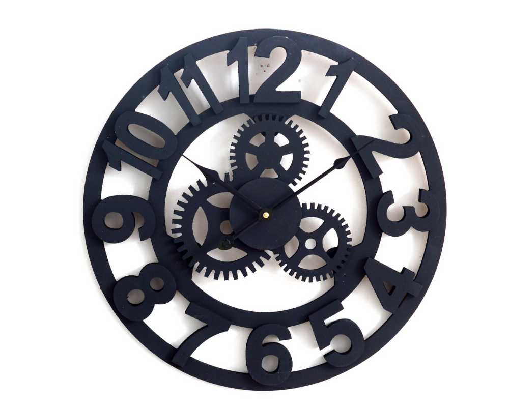 Drewniany zegar ścienny VINTAGE Shabby Loft czarny Koła zębate 45 cm czarny - dekoracyjny zegar wiszący - wyposażenie wnętrz 