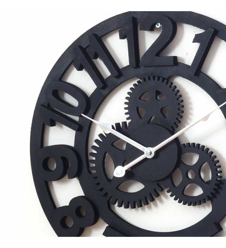 Drewniany zegar ścienny VINTAGE Shabby Loft czarny Koła zębate 45 cm - dekoracyjny zegar wiszący - wyposażenie wnętrz 