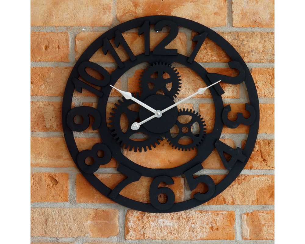 Drewniany zegar ścienny VINTAGE Shabby Loft czarny Koła zębate 45 cm - dekoracyjny zegar wiszący - wyposażenie wnętrz 