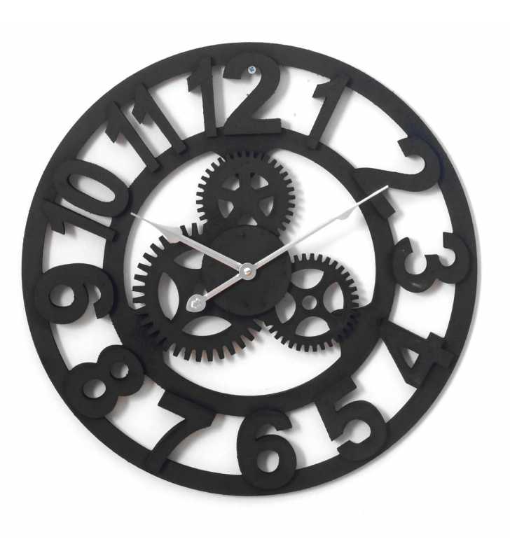 Drewniany zegar ścienny VINTAGE Shabby Loft czarny Koła zębate 60 cm czarny  - dekoracyjny zegar wiszący - wyposażenie wnętrz 