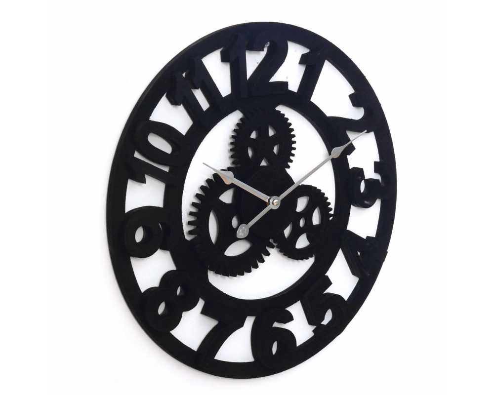 Drewniany zegar ścienny VINTAGE Shabby Loft czarny Koła zębate 60 cm czarny  - dekoracyjny zegar wiszący - wyposażenie wnętrz 