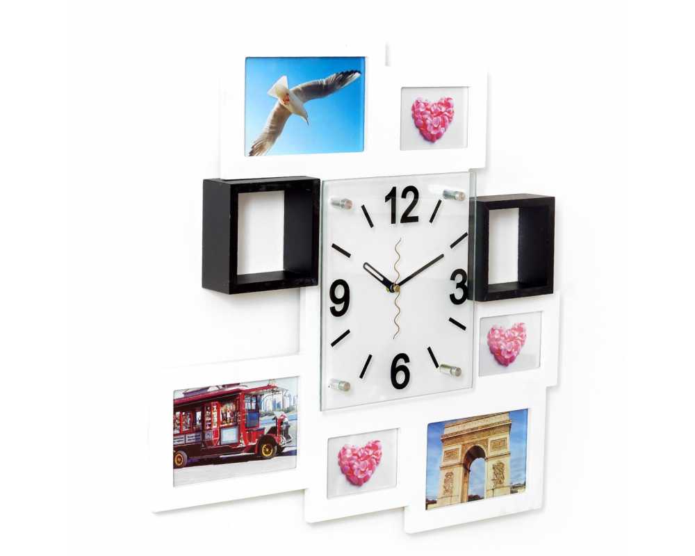 Zegar z ramkami na zdjęcia - Nowoczesny zegar ścienny ramki  na zdjęcia biały 6 zdjęć