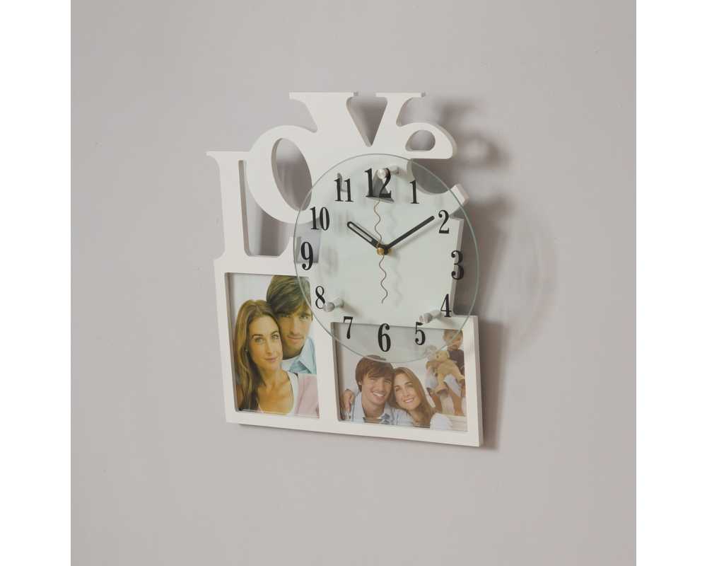 Zegar z ramkami na zdjęcia - Nowoczesny zegar ścienny ramki  na zdjęcia LOVE biały 2 zdjęcia