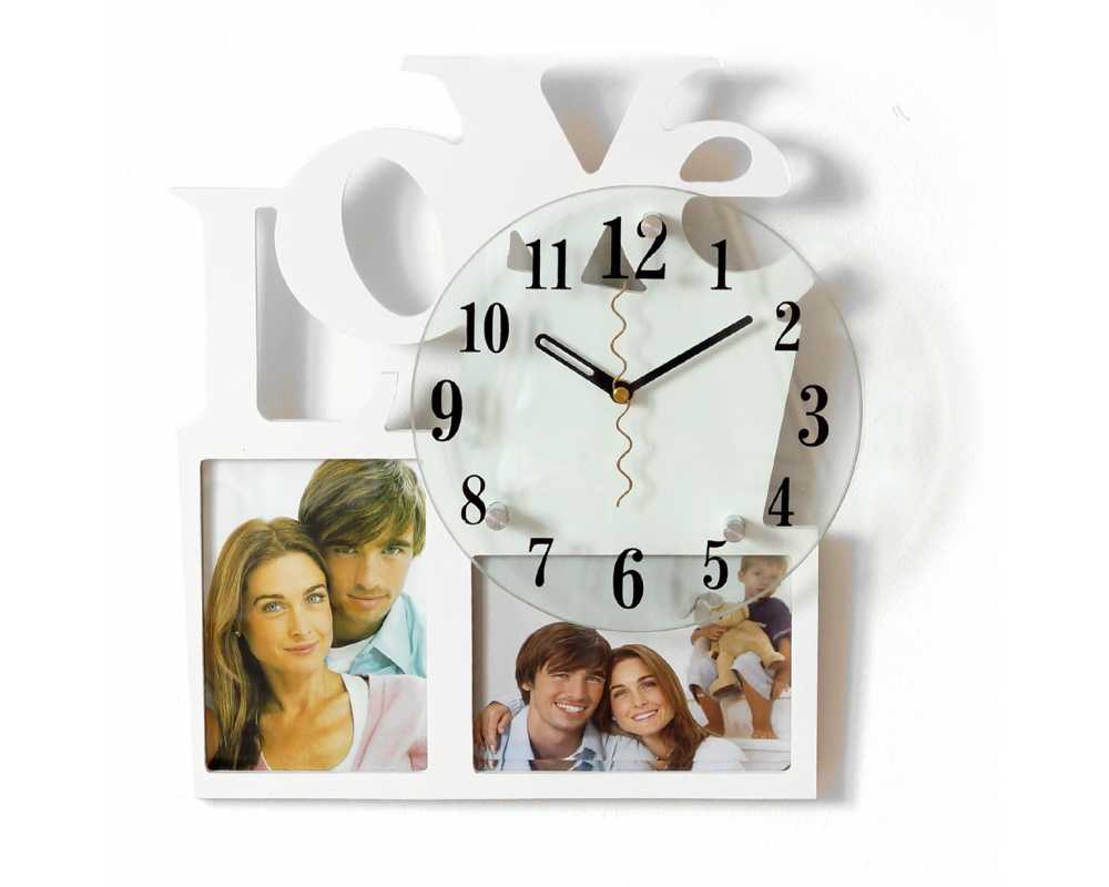 Zegar z ramkami na zdjęcia - Nowoczesny zegar ścienny ramki  na zdjęcia LOVE biały 2 zdjęcia
