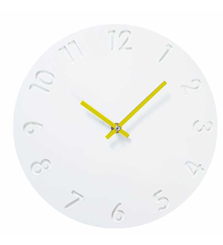 Skandynawski zegar ścienny biało-żółty - dekoracyjny zegar wiszący - wyposażenie wnętrz 