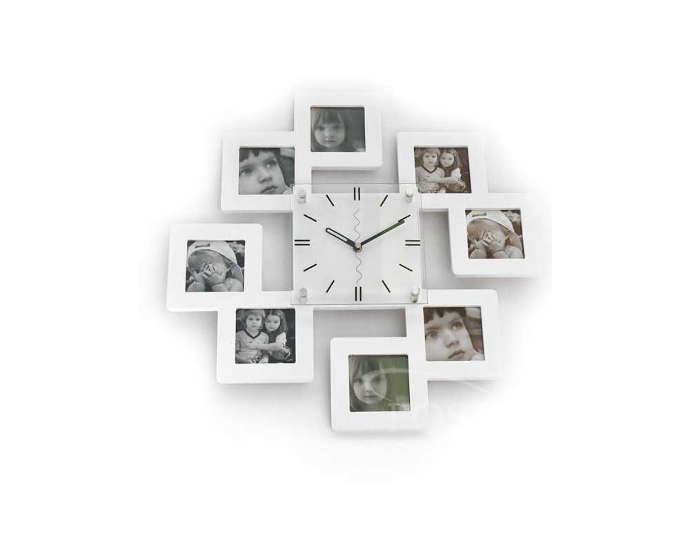 Zegar z ramkami na zdjęcia - Nowoczesny zegar ścienny ramki ramka na zdjęcia  8 zdjęć biały