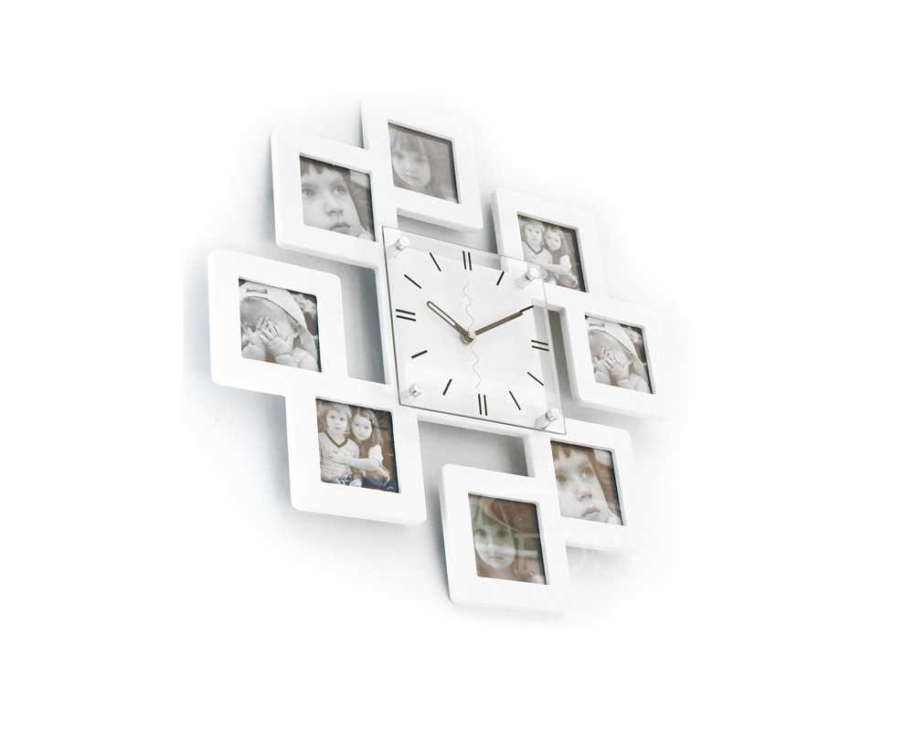 Zegar z ramkami na zdjęcia - Nowoczesny zegar ścienny ramki ramka na zdjęcia  8 zdjęć biały