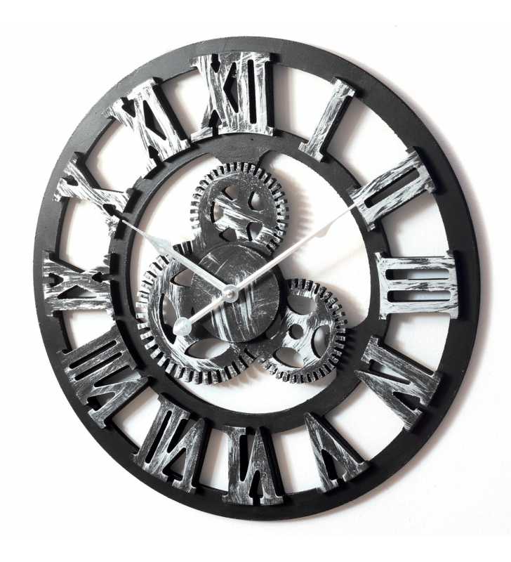 Nowoczesny zegar ścienny VINTAGE SHABBY LOFT 60 cm czarno srebrny - dekoracyjny zegar wiszący - wyposażenie wnętrz 