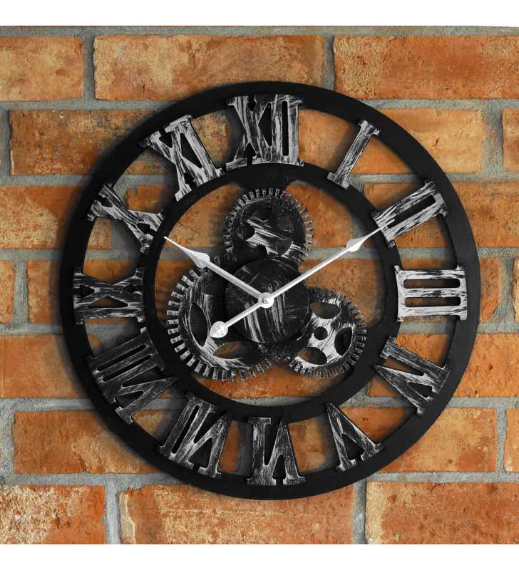 Nowoczesny zegar ścienny VINTAGE SHABBY LOFT 60 cm czarno srebrny - dekoracyjny zegar wiszący - wyposażenie wnętrz 