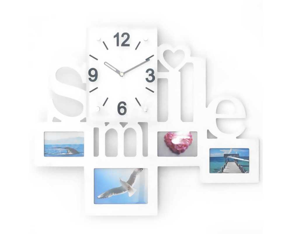 Zegar z ramkami na zdjęcia - Nowoczesny zegar ścienny ramki na zdjęcia SMILE biały