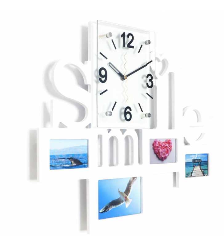 Zegar z ramkami na zdjęcia - Nowoczesny zegar ścienny ramki na zdjęcia SMILE biały