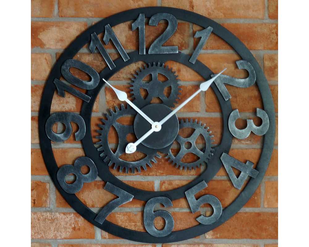 Drewniany zegar ścienny VINTAGE Shabby Loft Koła zębate 60 cm srebrny - dekoracyjny zegar wiszący - wyposażenie wnętrz 