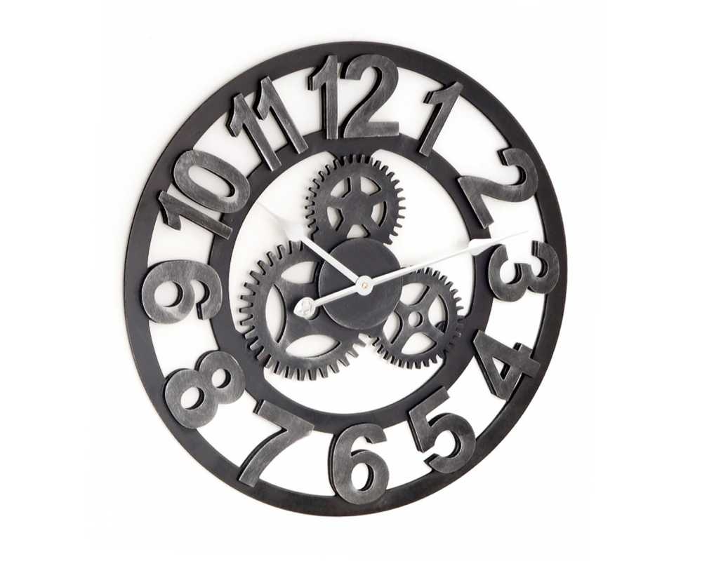 Drewniany zegar ścienny VINTAGE Shabby Loft Koła zębate 60 cm srebrny - dekoracyjny zegar wiszący - wyposażenie wnętrz 